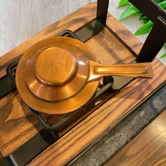 Vintage Spring Swiss Food Warmer Wrought Iron and Copper with Wooden Carved Bas - Picture 5 of 12